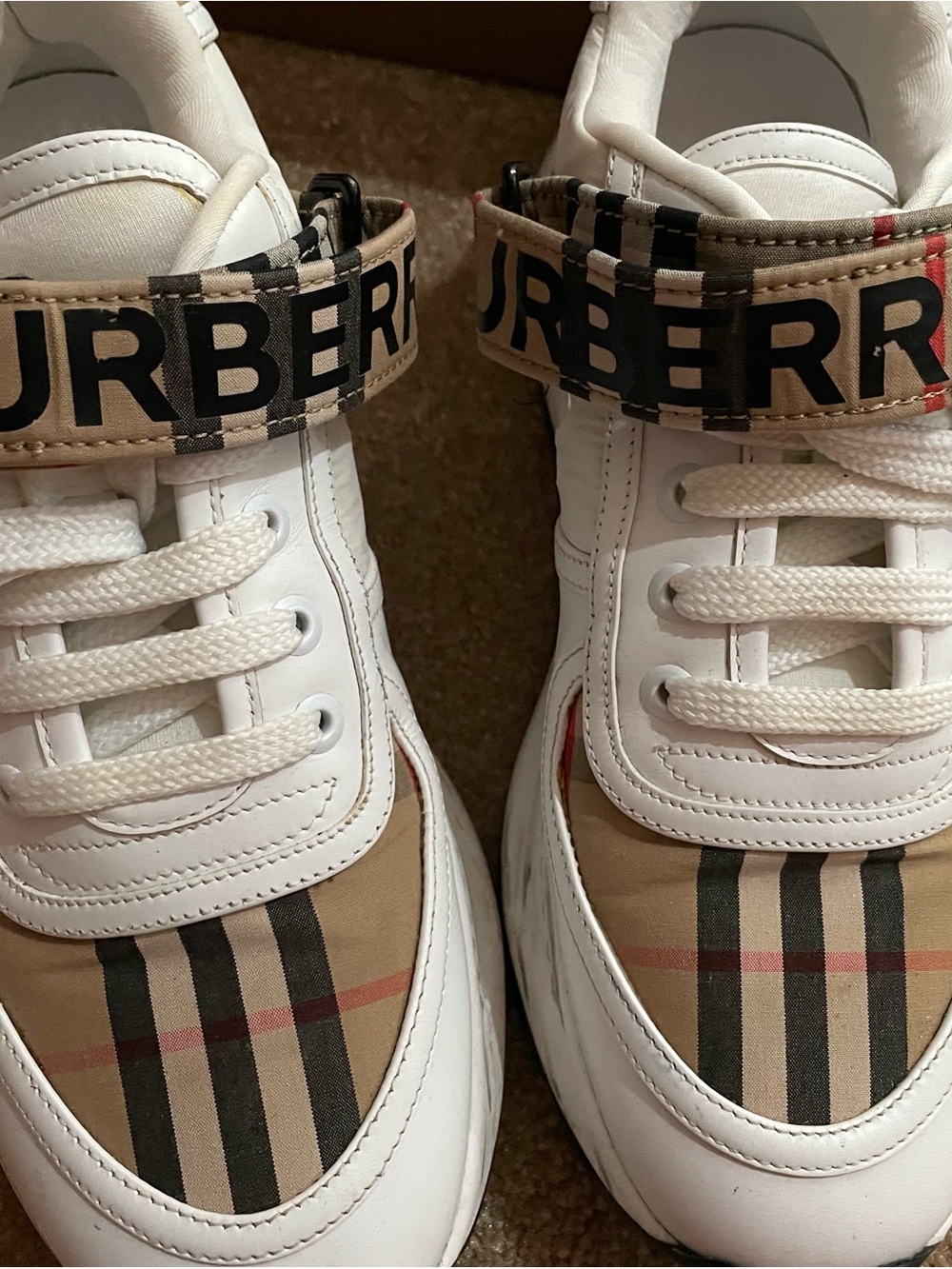 Burberry women White & Beige Check Strap Sneakers